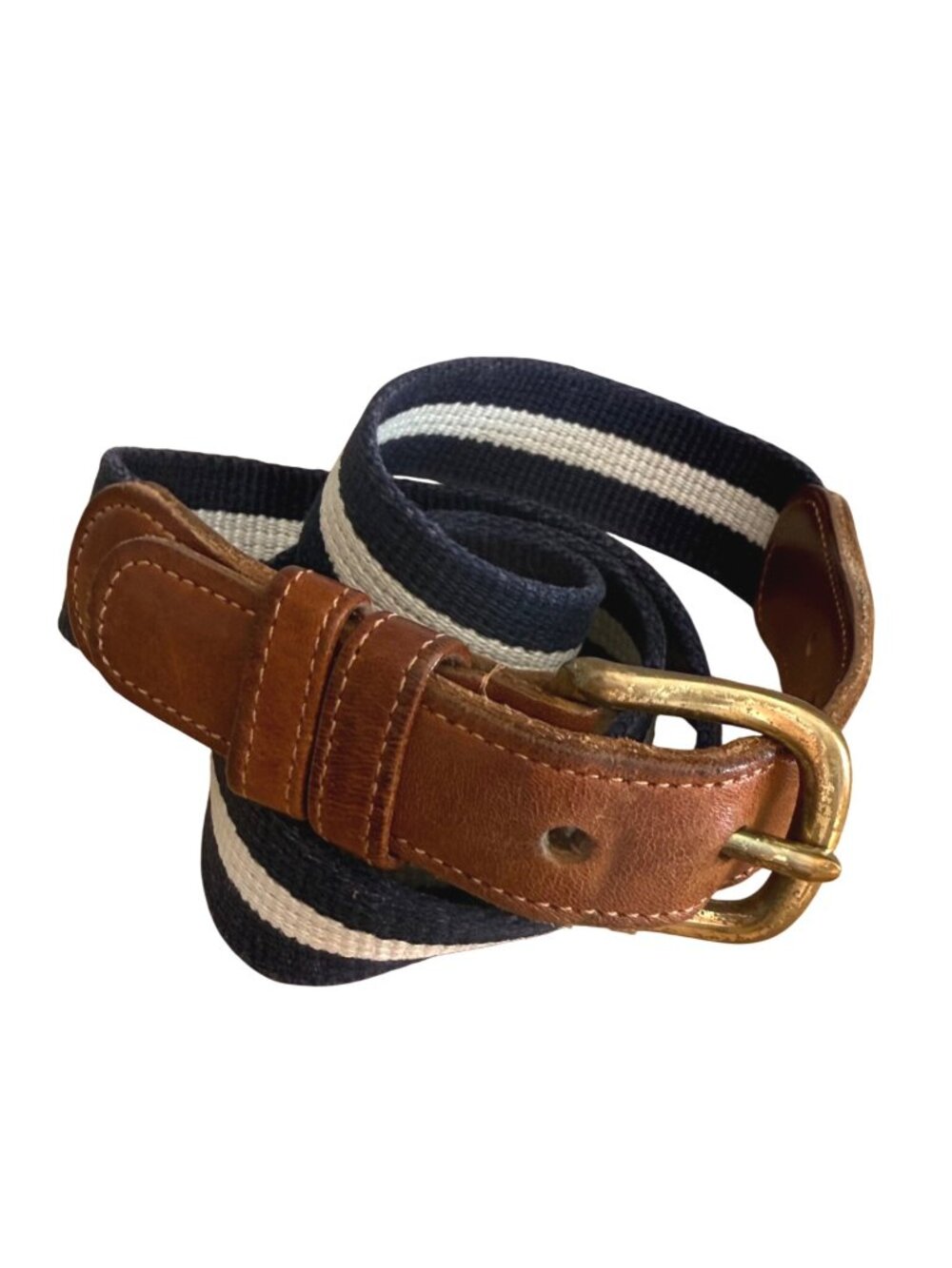 Coach Men's Leather Canvas Belt 36 Natural Linen Navy Stripe 3834 Vintage 90s